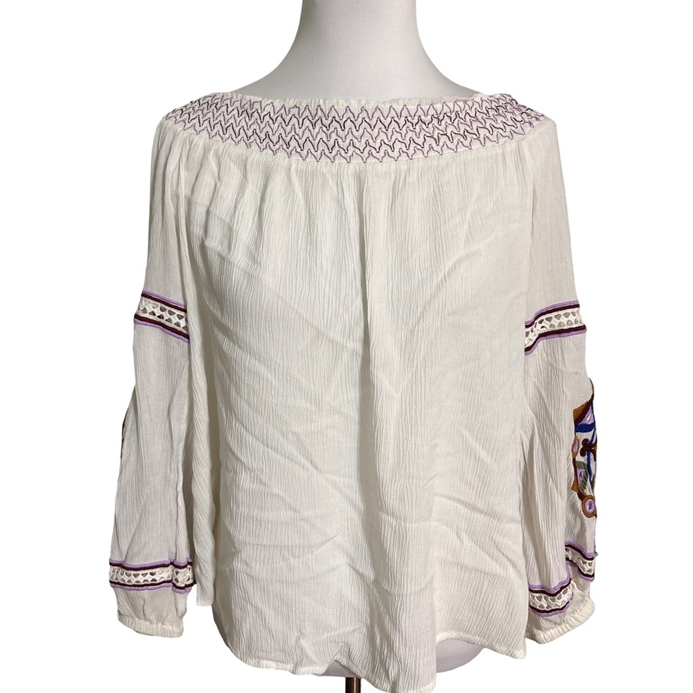INC International Concepts Cream Blouse Purple Embroidery